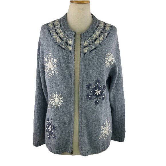 Croft & Barrow Sz M Silk Blend Snowflake Cardigan Womens Blue Fair Isle Full Zip - Picture 3 of 9
